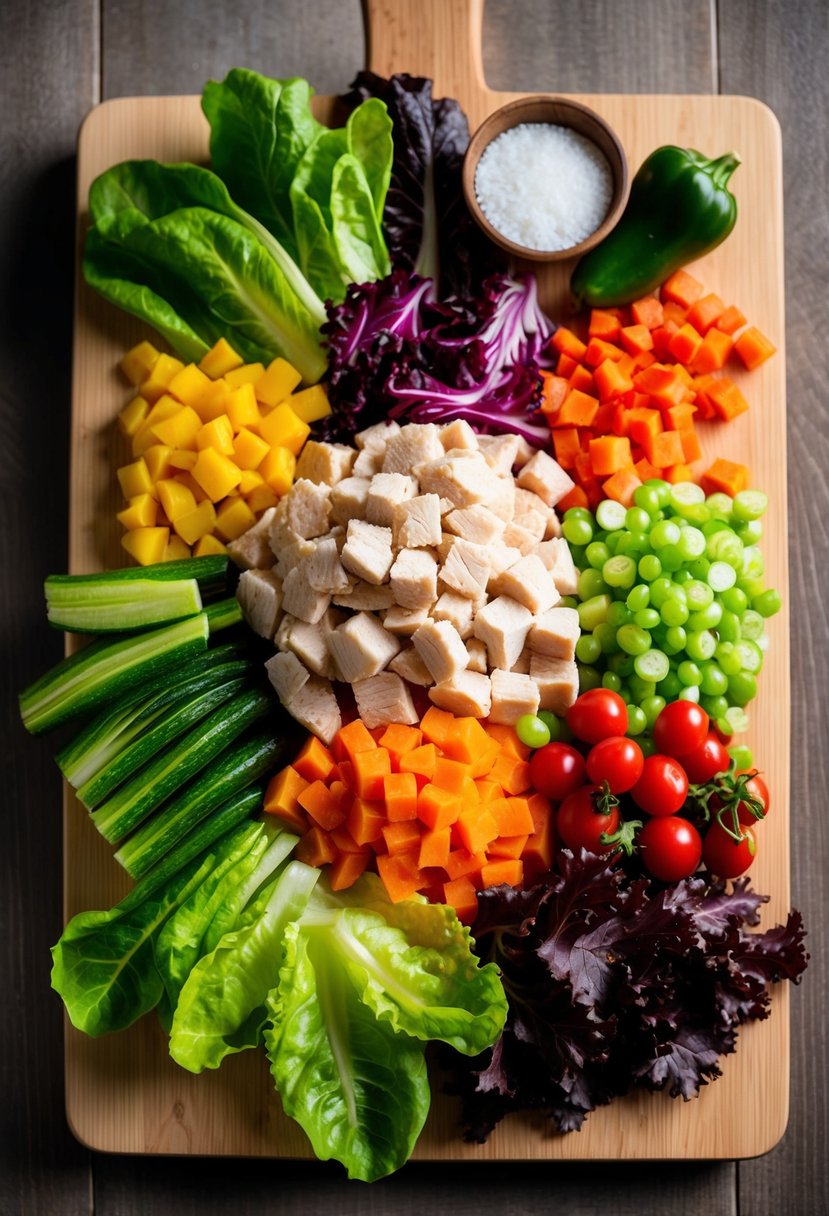 A colorful array of fresh ingredients - diced chicken, vibrant vegetables, and crisp lettuce leaves - arranged on a wooden cutting board