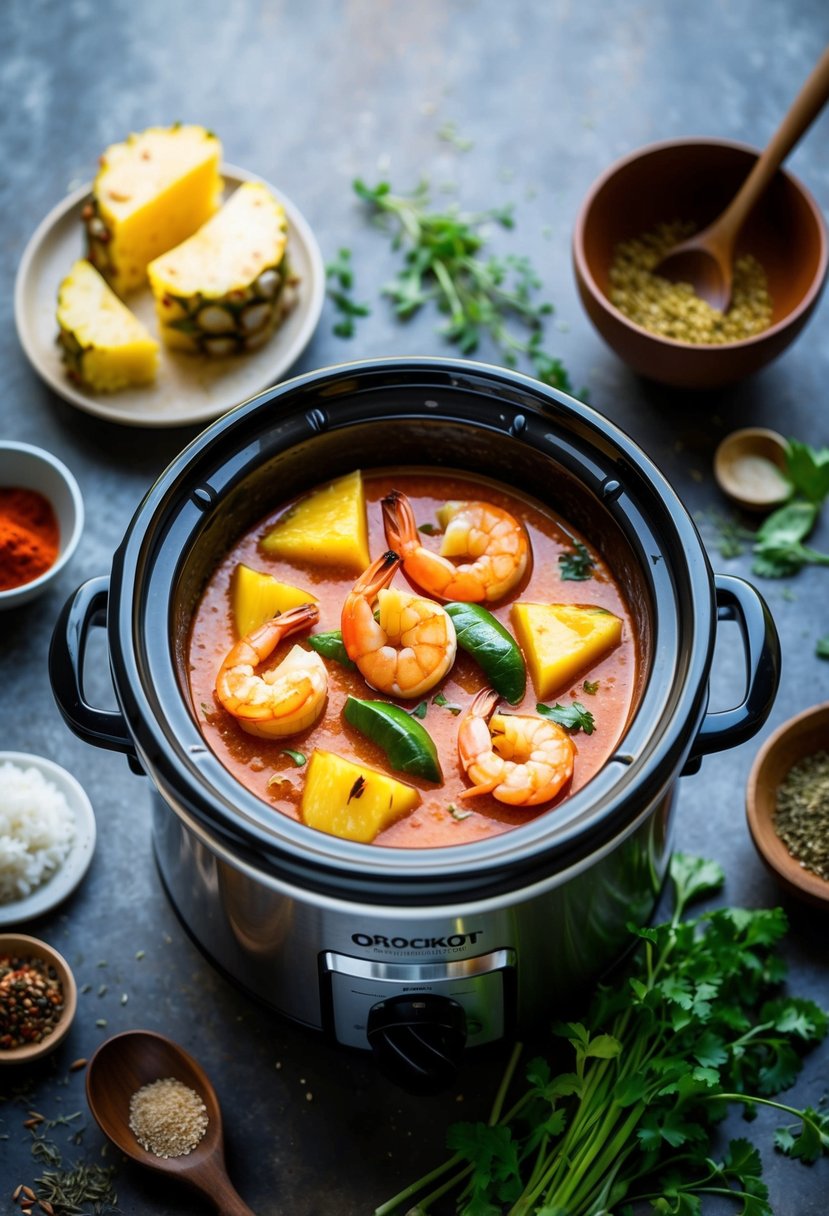 A crockpot filled with simmering Thai red curry, containing succulent shrimp and chunks of sweet pineapple, surrounded by aromatic herbs and spices