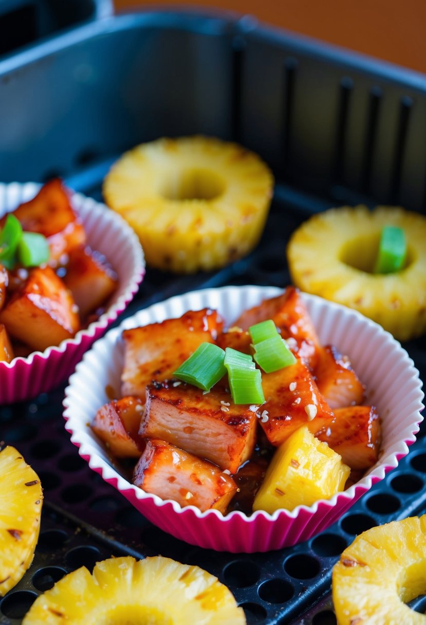 Teriyaki ham and pineapple cups sizzling in the air fryer