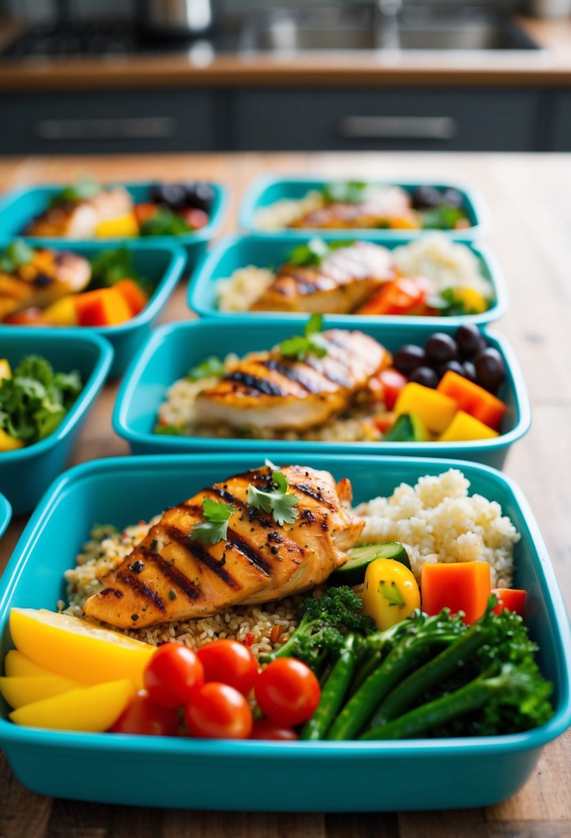 A colorful spread of grilled chicken, quinoa, and assorted Mediterranean vegetables arranged in meal prep containers