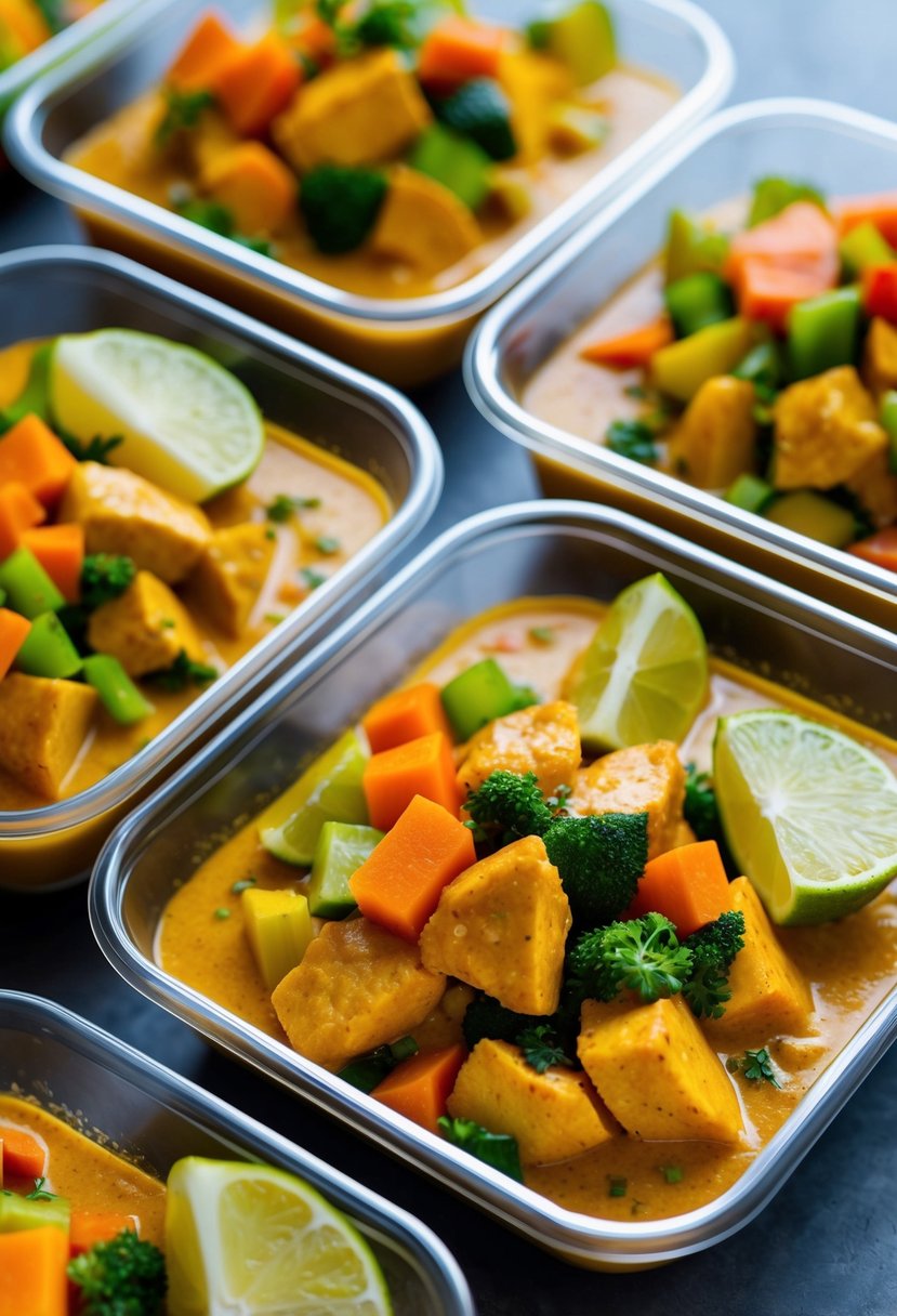 A colorful array of chopped vegetables and succulent chicken simmering in a fragrant coconut curry sauce, neatly arranged in individual meal prep containers