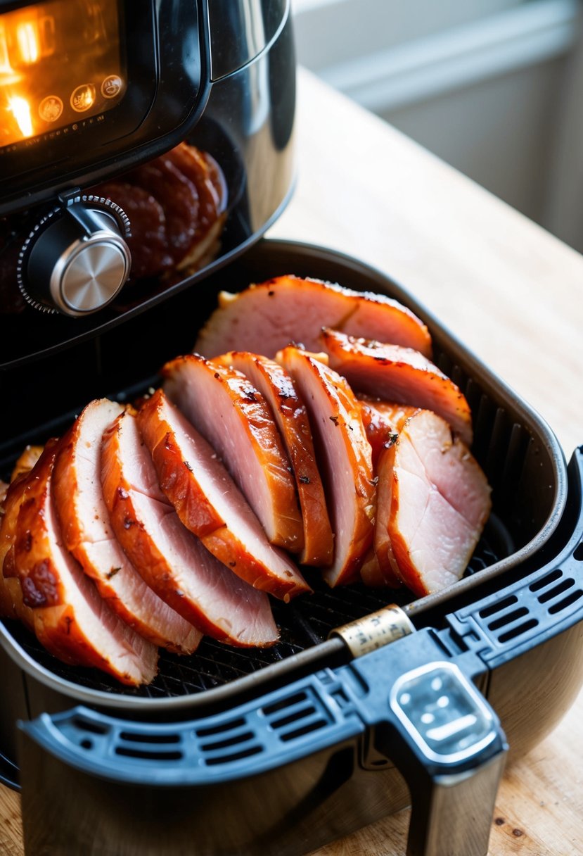 Slices of ham sizzling in an air fryer, coated in a crispy balsamic glaze