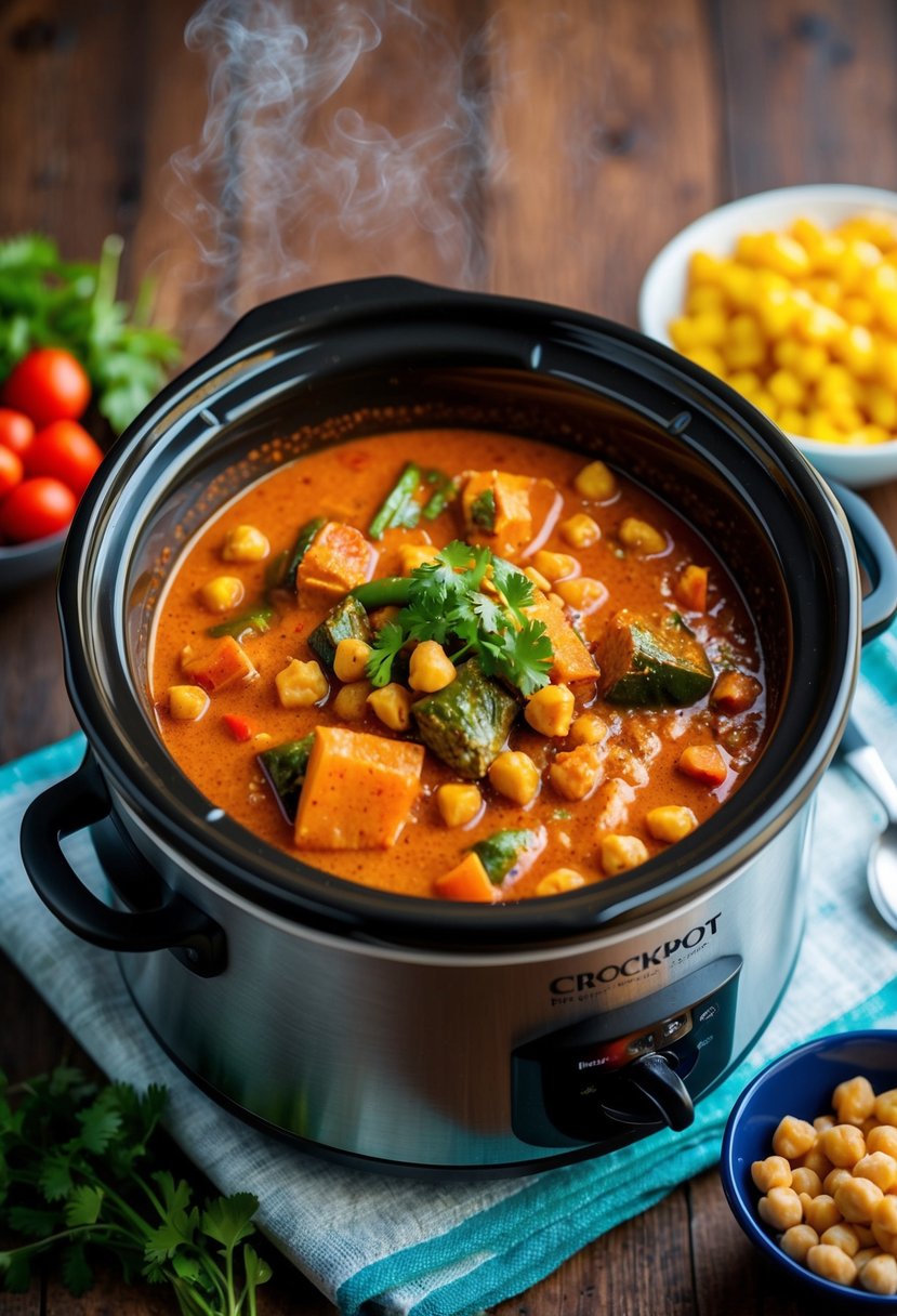 A bubbling crockpot filled with vibrant red curry, chickpeas, and colorful vegetables, emitting a tantalizing aroma