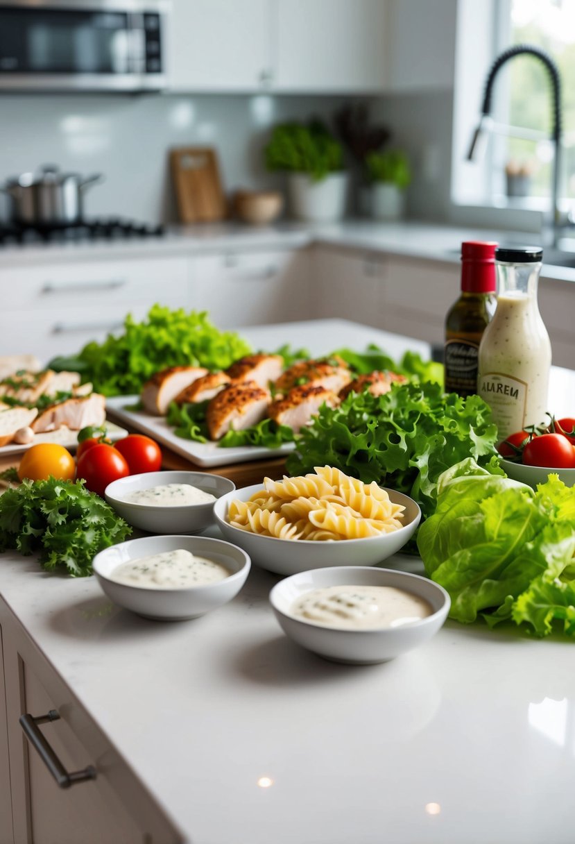 A colorful array of fresh ingredients- chicken, pasta, lettuce, and Caesar dressing- laid out on a clean, organized kitchen counter