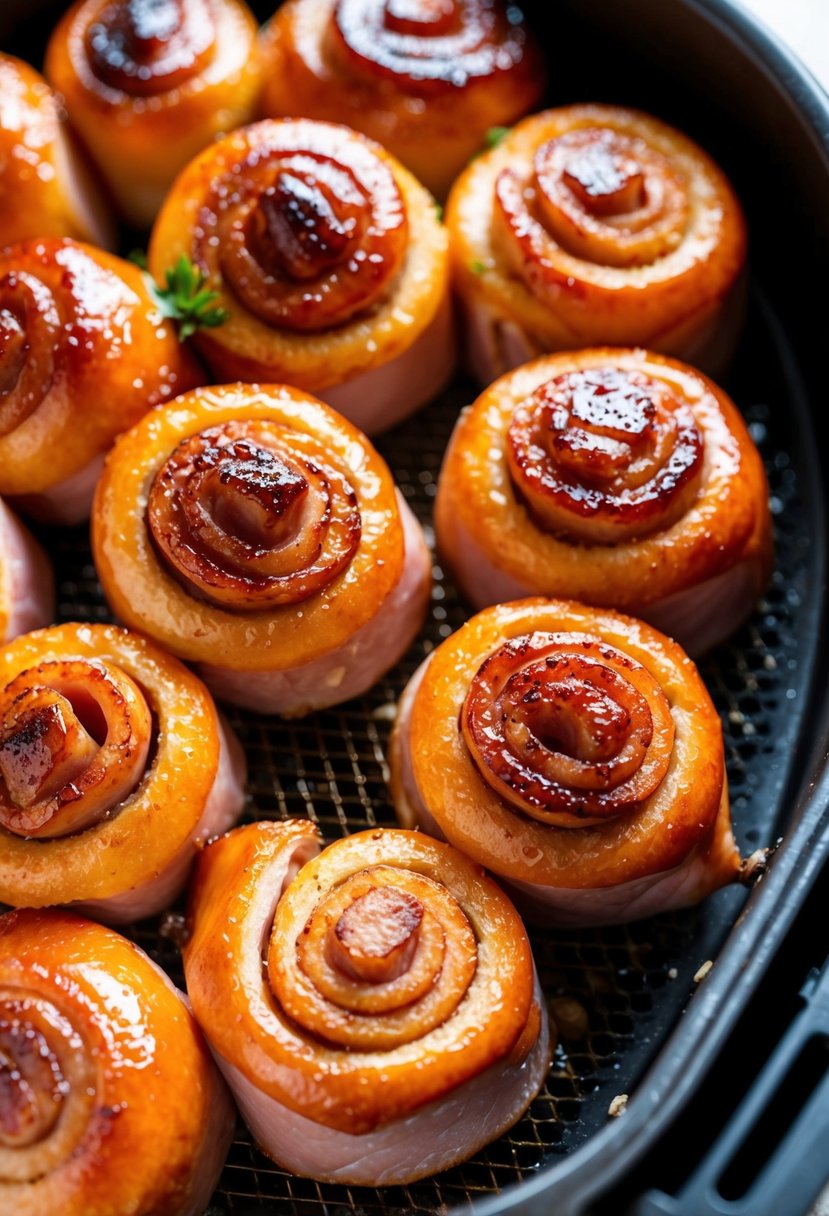 A platter of golden-brown ham rolls, glistening with a sweet and sour glaze, sizzling in an air fryer