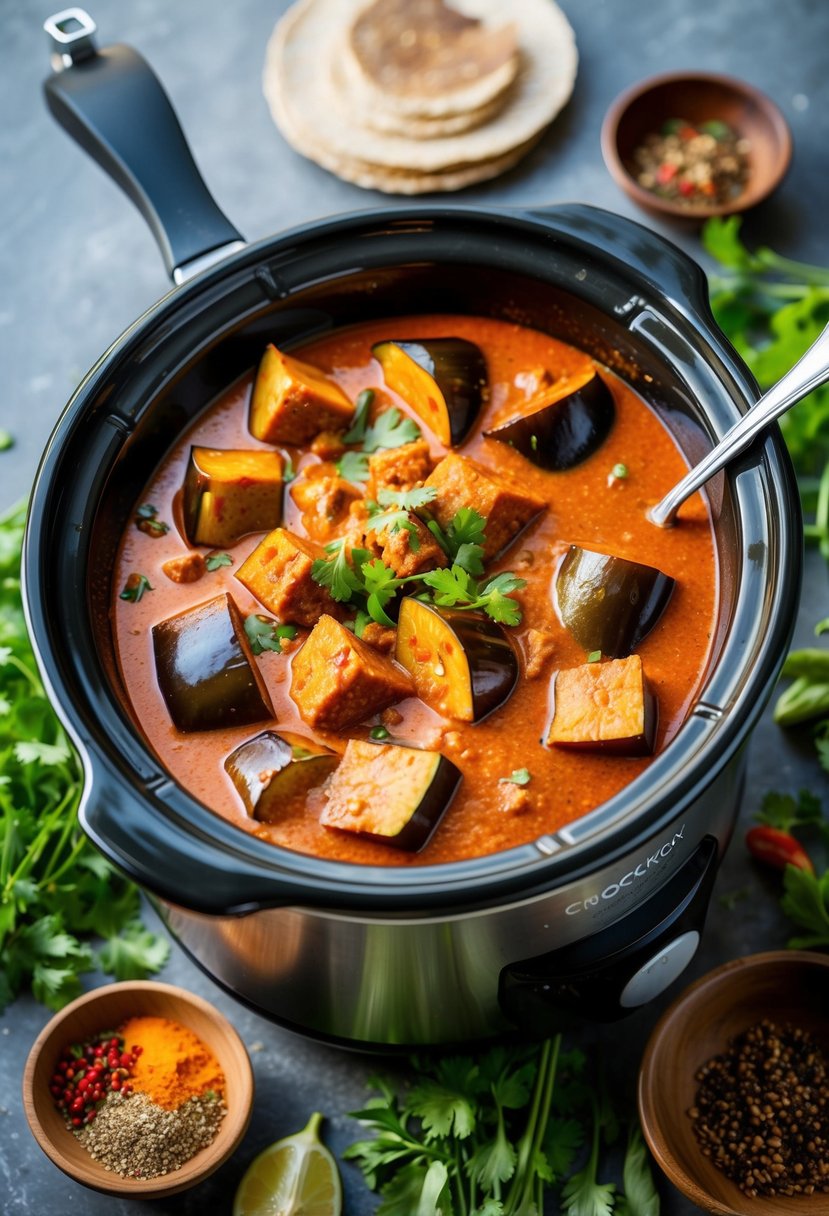 A bubbling crockpot filled with rich, aromatic Thai red curry and chunks of tender eggplant, surrounded by vibrant green herbs and colorful spices