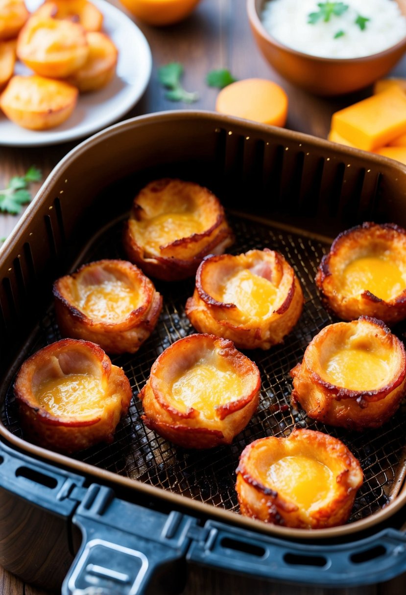 Golden brown BBQ ham and cheese poppers sizzling in the air fryer