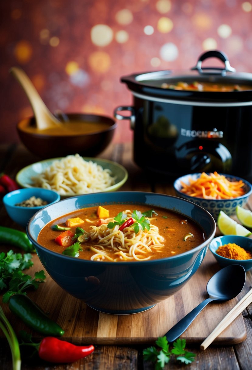 A steaming bowl of spicy red curry soup with noodles, surrounded by vibrant ingredients and a crockpot simmering in the background