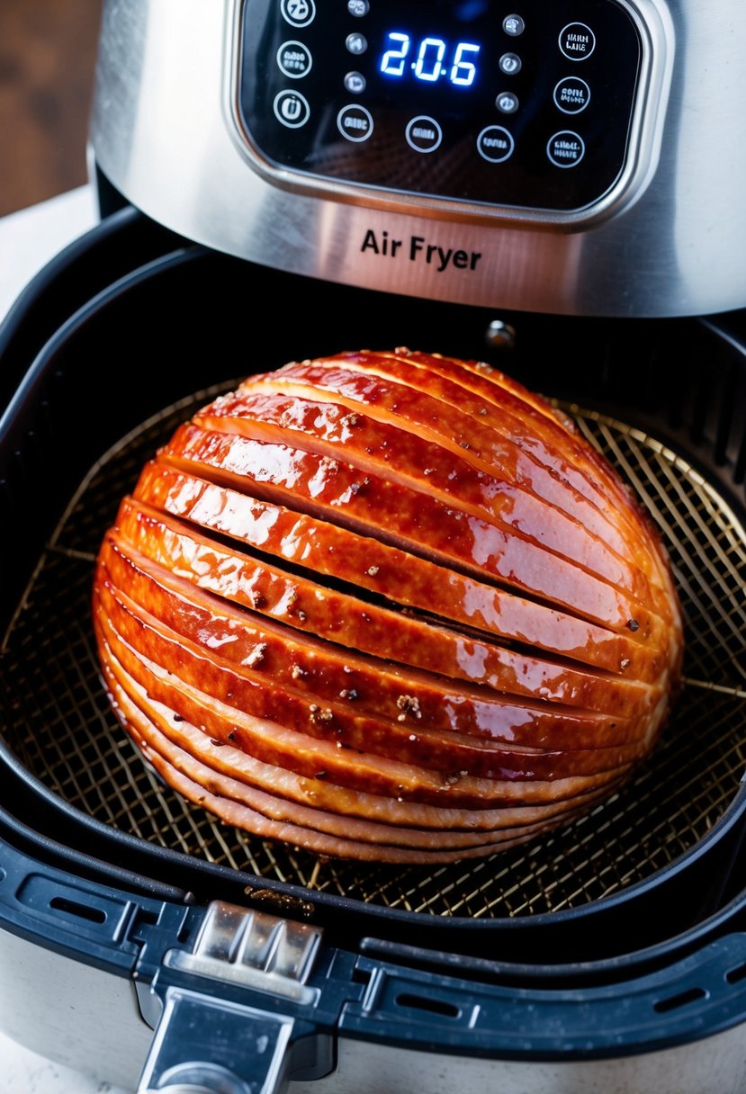 A spiral-cut ham coated in brown sugar glaze sits on a wire rack inside an air fryer, with the appliance's digital display showing the cooking time