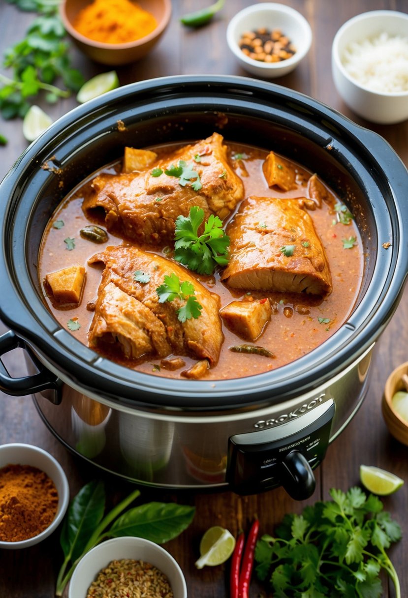 A crockpot filled with simmering red curry pork, surrounded by aromatic Thai spices and ingredients