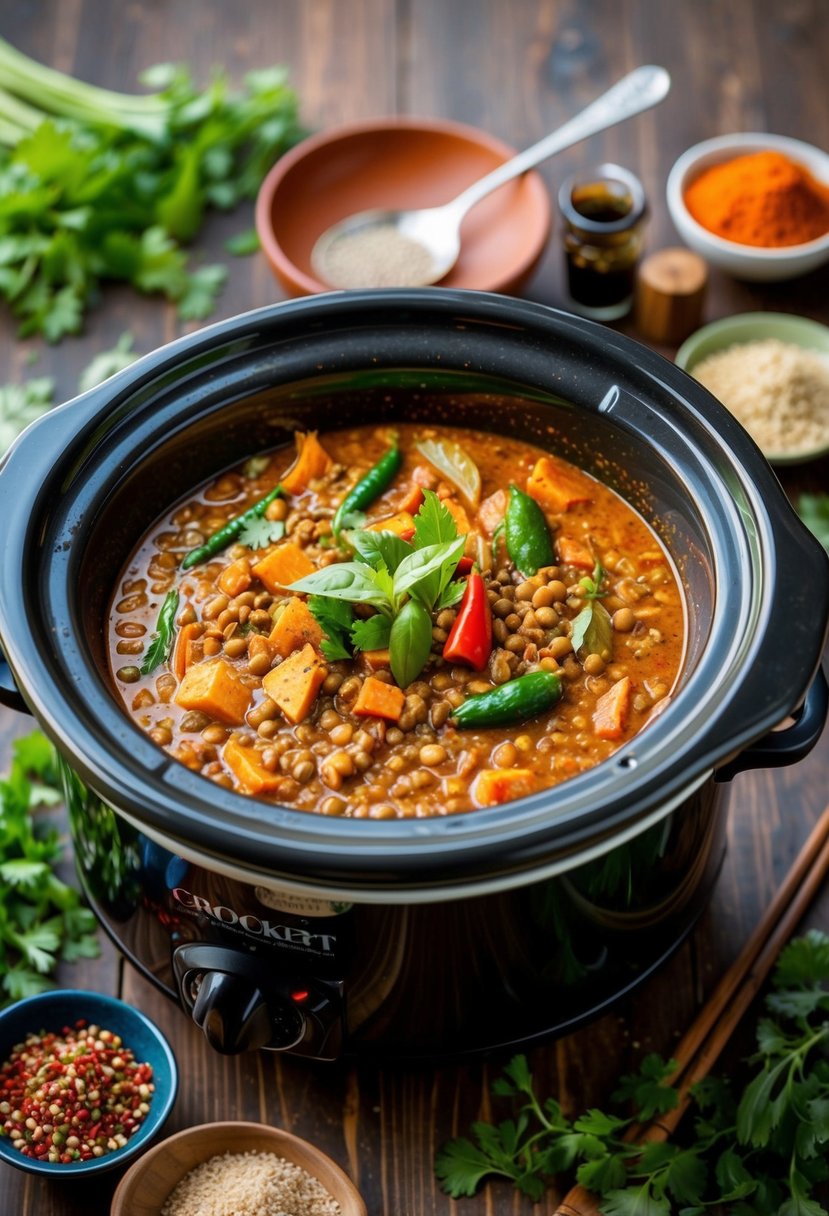 A bubbling crockpot filled with aromatic red curry lentil stew, surrounded by vibrant Thai spices and herbs