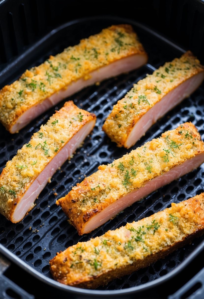 Golden-brown ham strips coated in a herb crust sizzling in an air fryer