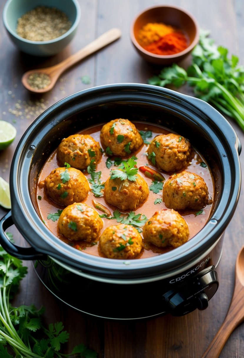 A crockpot filled with simmering Thai red curry chicken meatballs, surrounded by aromatic spices and fresh herbs