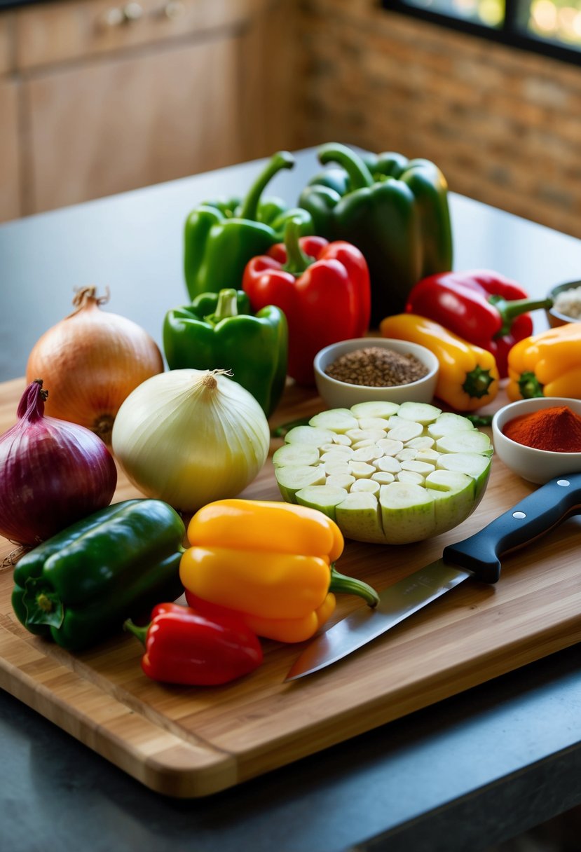 A table filled with assorted mirliton ingredients - onions, bell peppers, and spices - alongside a cutting board and knife