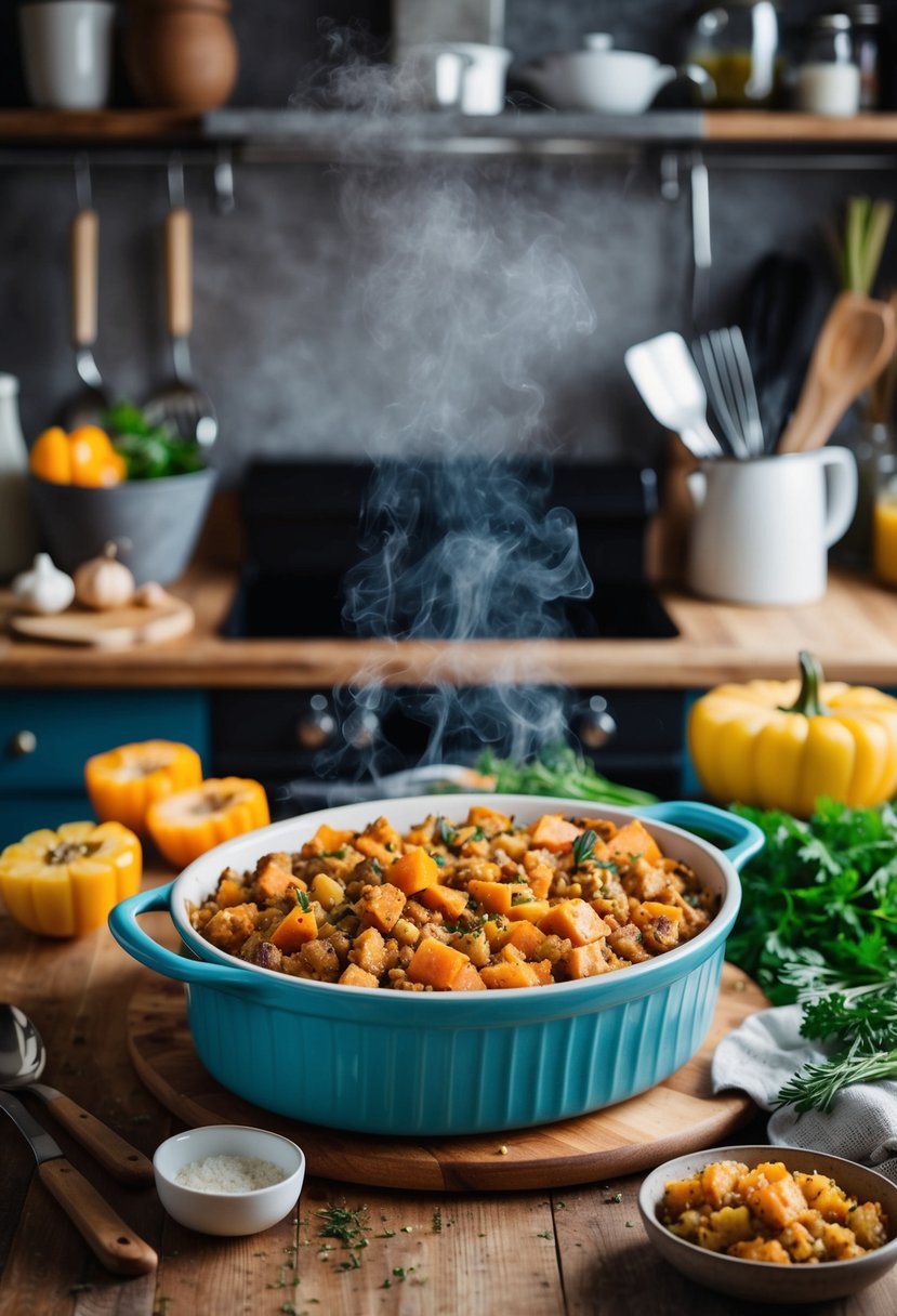 A rustic kitchen with a steaming casserole dish of mirliton stuffing surrounded by fresh ingredients and cooking utensils