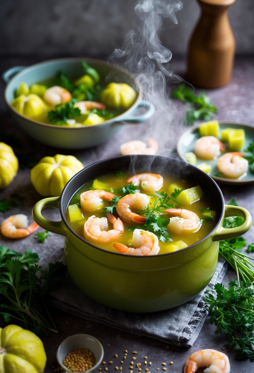 A steaming pot of Shrimp and Mirliton Soup surrounded by fresh mirlitons, shrimp, and aromatic herbs on a rustic kitchen counter