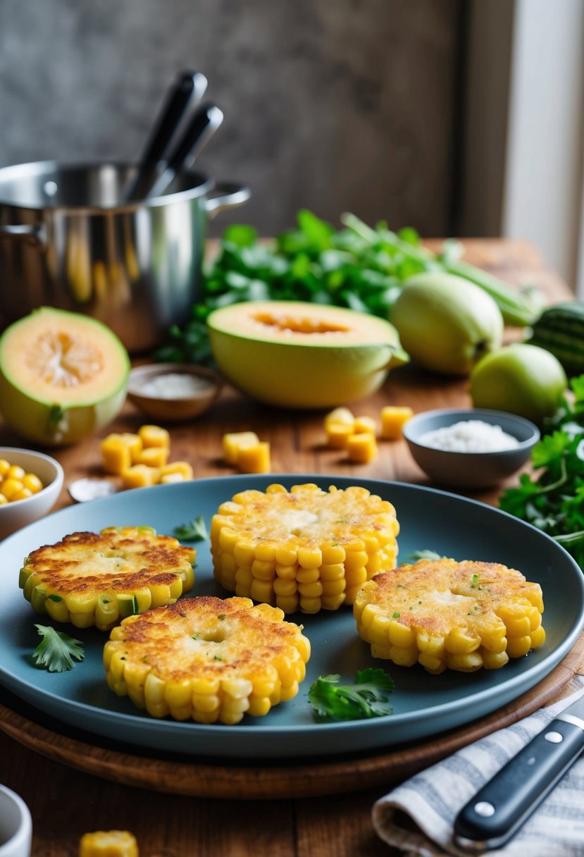 A table set with mirliton and corn fritters, surrounded by fresh ingredients and cooking utensils