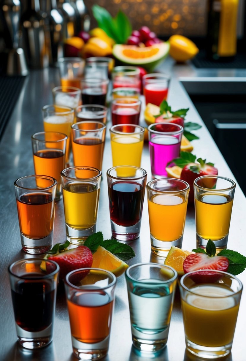 A colorful array of various shot glasses filled with different liquids, surrounded by fresh fruits and garnishes on a sleek bar counter