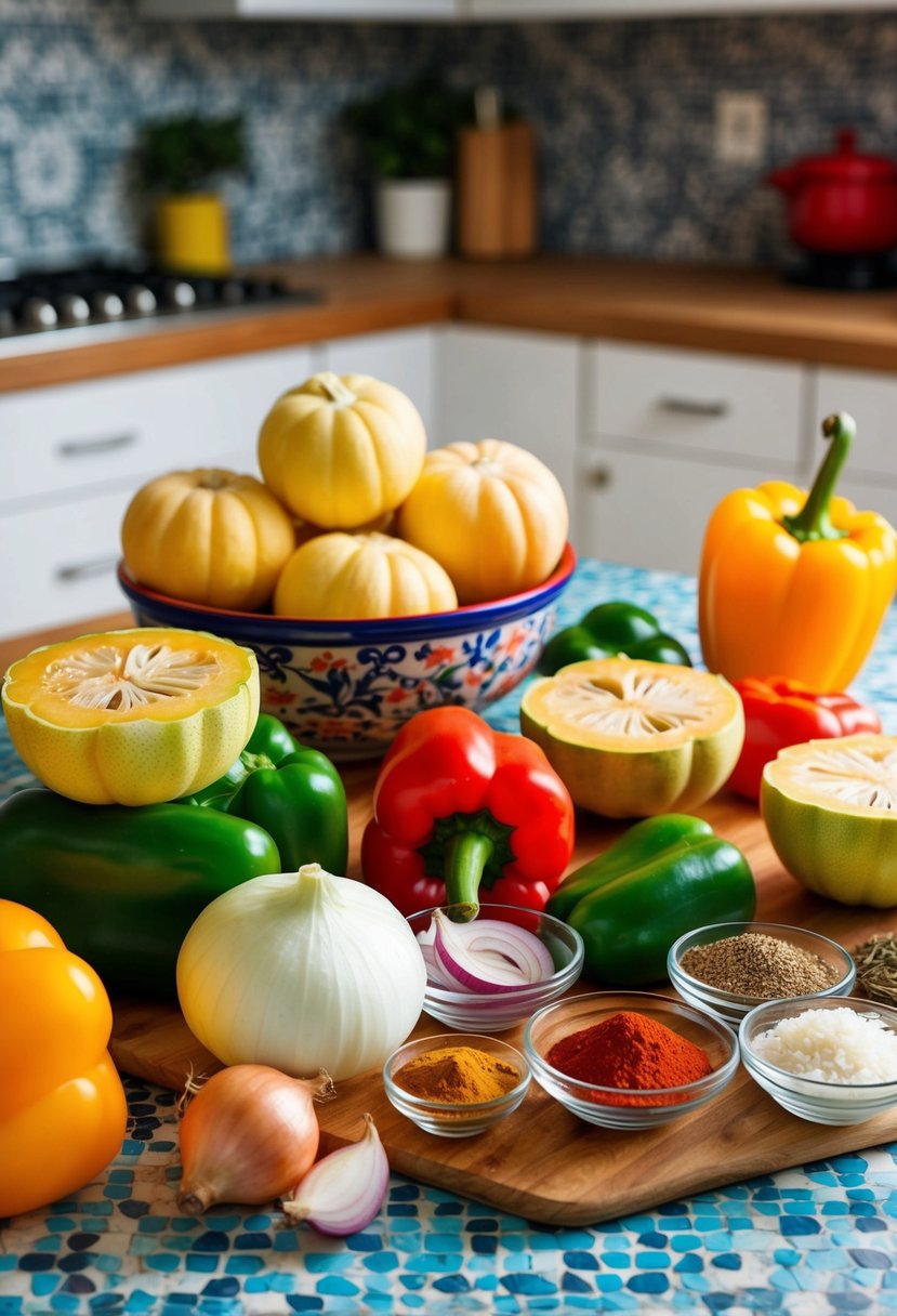 A colorful kitchen counter with fresh mirlitons, onions, bell peppers, and spices laid out for a Cajun Mirliton Casserole recipe