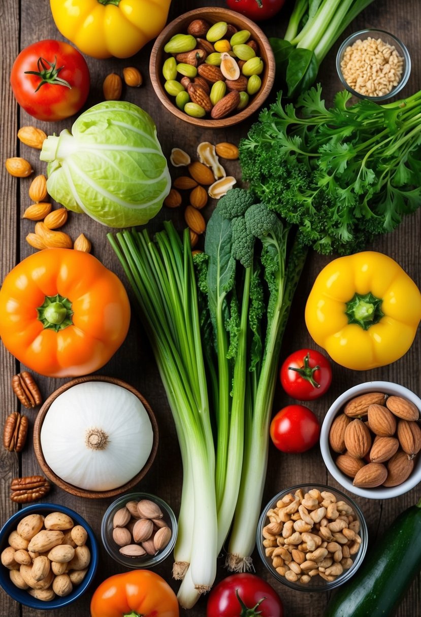 A colorful array of fresh vegetables, nuts, and lean proteins arranged on a rustic wooden table