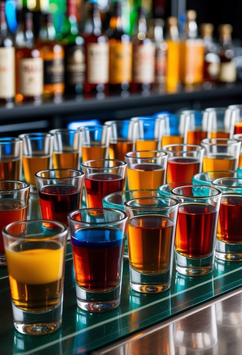 A colorful array of shot glasses arranged on a bar top, each filled with vibrant layers of different liquors