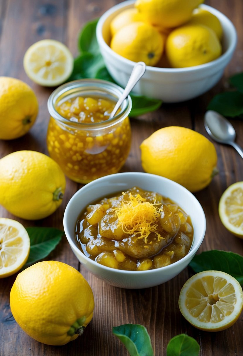 A bowl of mirliton jam with lemon zest, surrounded by fresh mirlitons and lemons on a wooden kitchen table