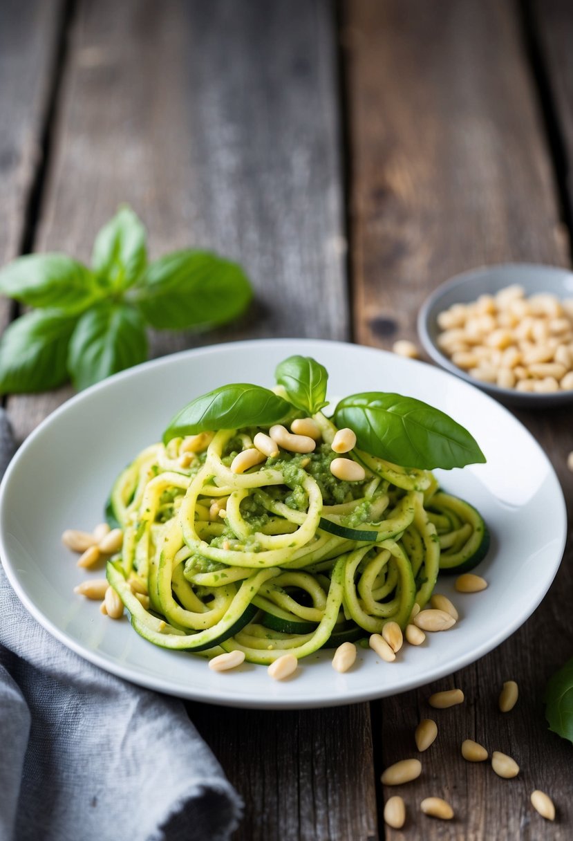 A plate of zucchini noodles with pesto sauce, topped with pine nuts and fresh basil leaves, sits on a rustic wooden table