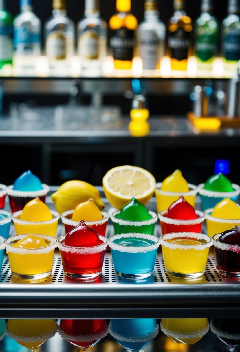 A colorful array of lemon drops, vodka, and sugar rims on a bar counter