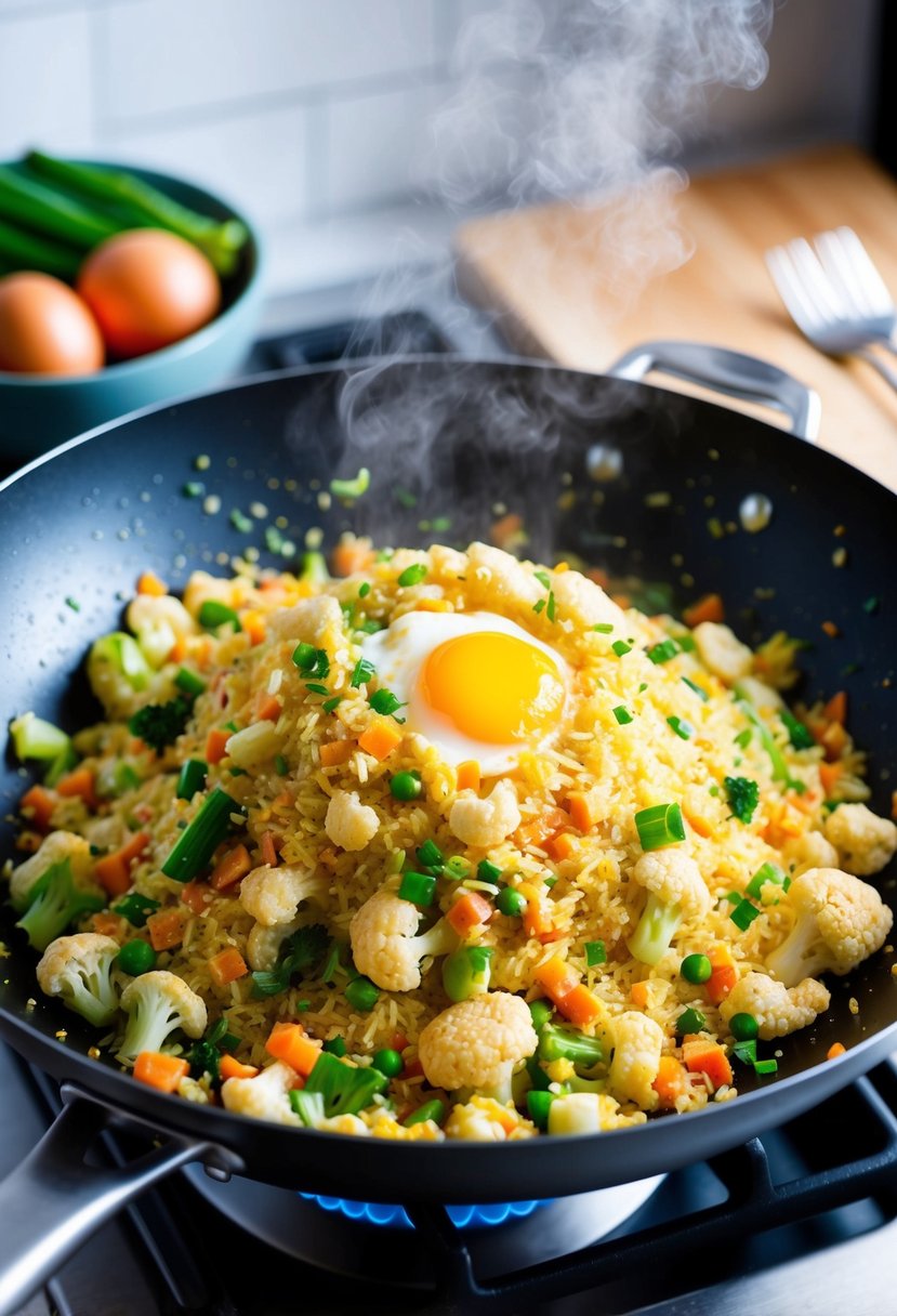 A sizzling wok filled with colorful cauliflower rice, mixed with vegetables and eggs, steaming on a stove