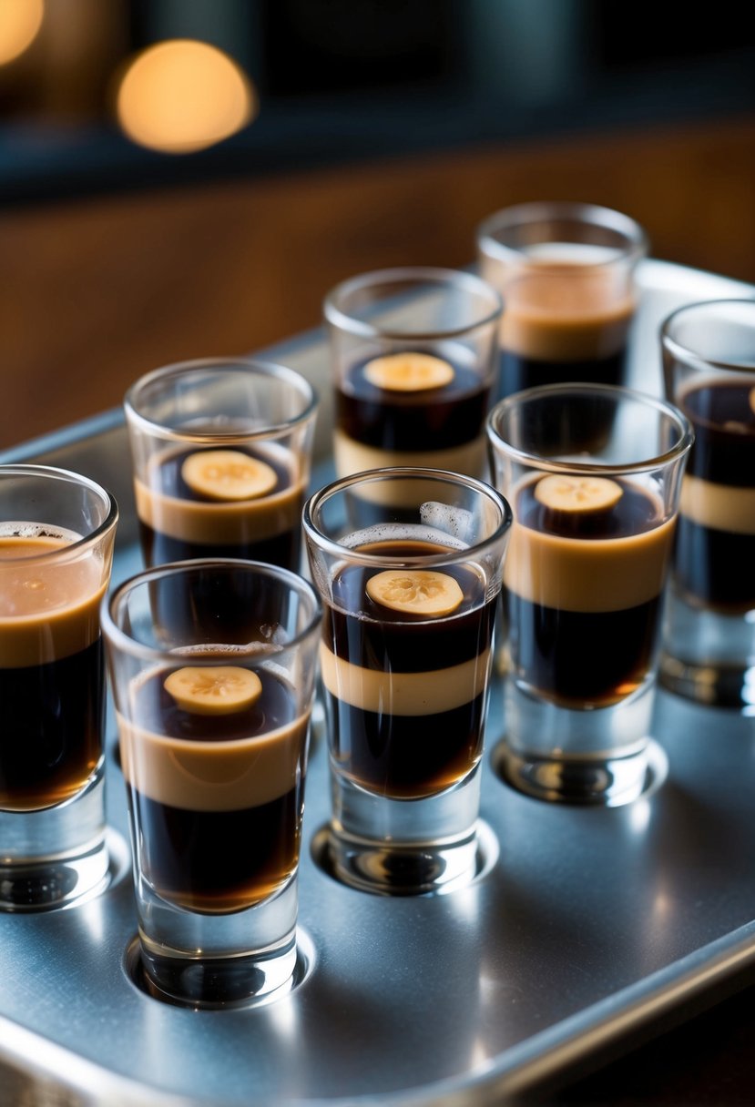 A tray of B52 shot glasses lined up with layers of Kahlua, Baileys, and Grand Marnier, ready to be served