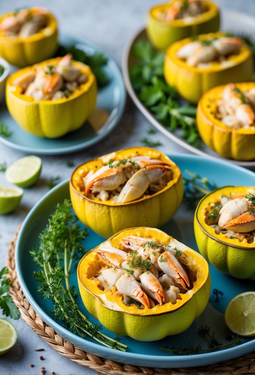 A table set with baked mirlitons filled with crab, surrounded by fresh herbs and spices