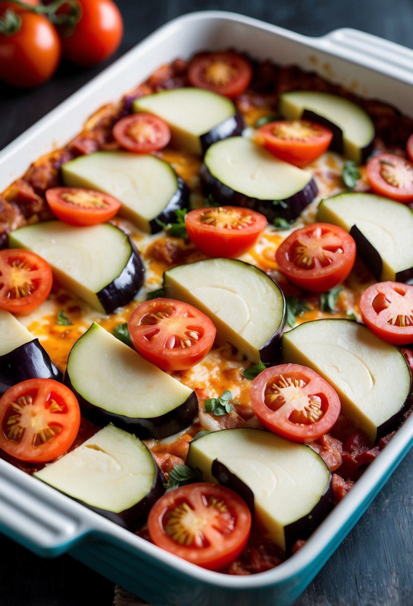 A colorful array of sliced eggplant, tomatoes, and cheese layered in a baking dish, ready to be assembled into a delicious eggplant lasagna