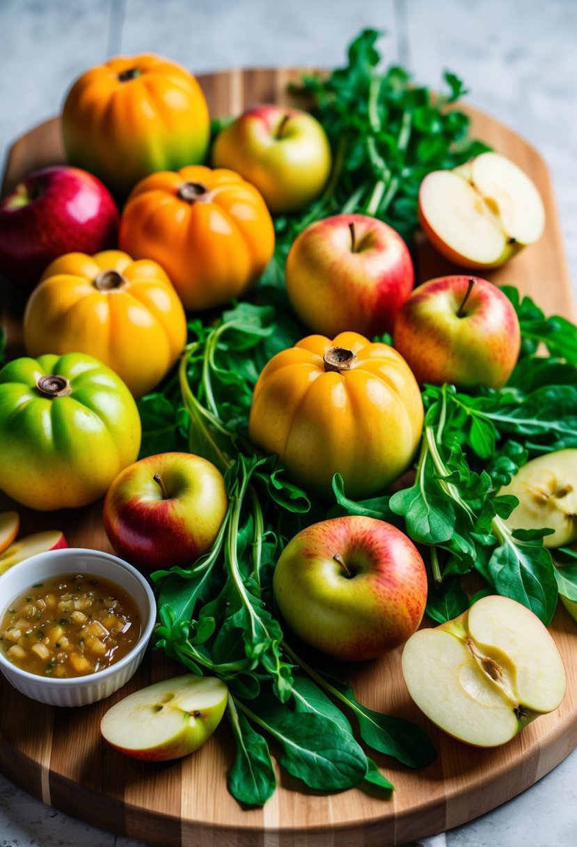 A colorful array of fresh mirlitons, apples, and vibrant greens arranged on a wooden cutting board, with a small bowl of apple cider vinaigrette nearby