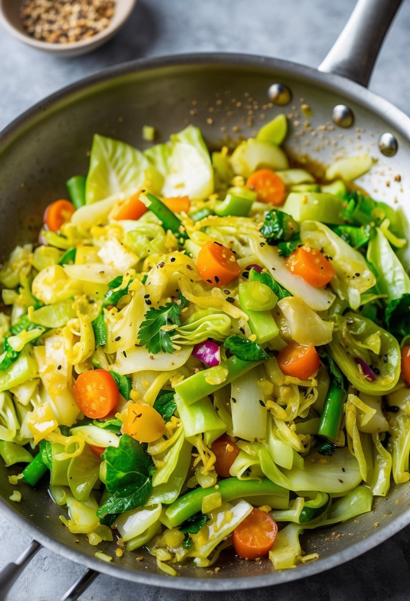 A sizzling pan of colorful cabbage stir fry with assorted vegetables and savory seasonings