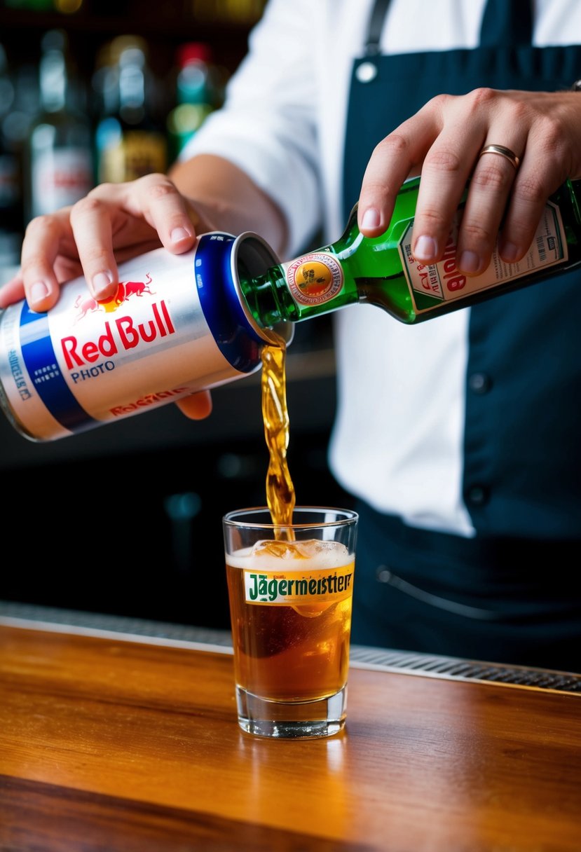 A bartender pouring Red Bull into a shot glass, ready to drop a shot of Jägermeister into it