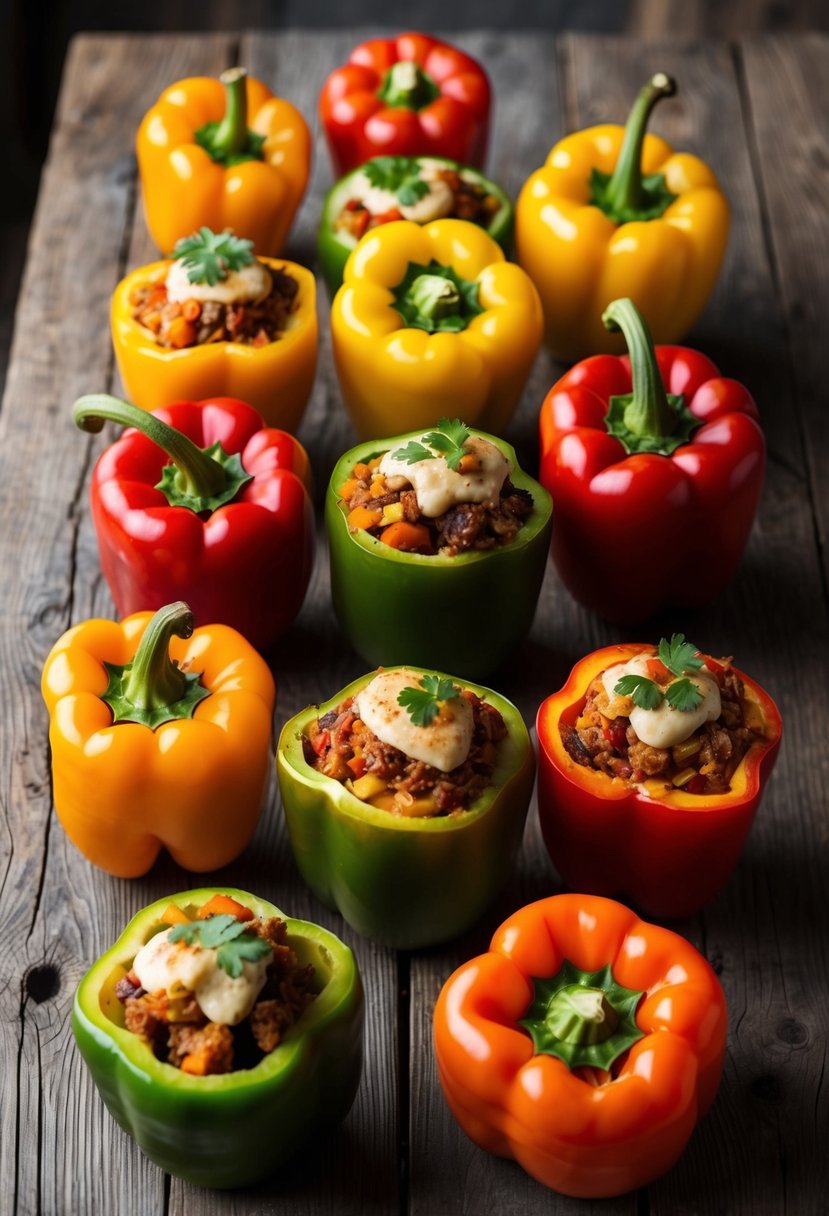 A colorful array of bell peppers, stuffed with a variety of savory fillings, arranged on a rustic wooden table