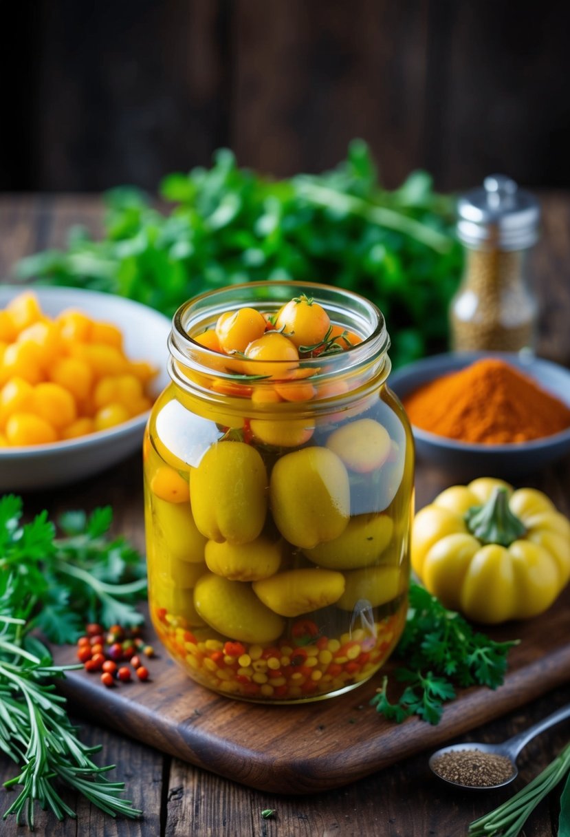 A jar of spicy pickled mirlitons sits on a rustic wooden table, surrounded by fresh herbs and colorful spices