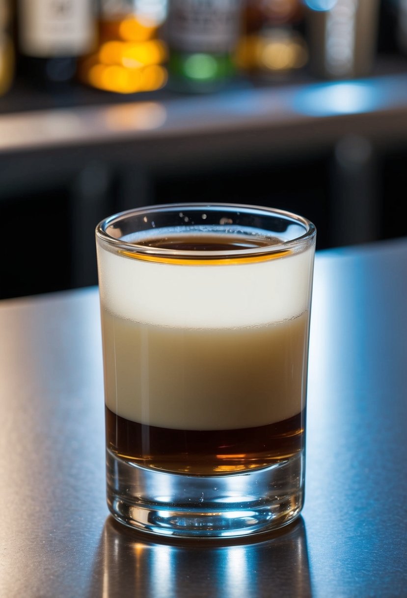 A clear shot glass filled with creamy white liquid, topped with a layer of dark brown liquor, sits on a sleek bar counter