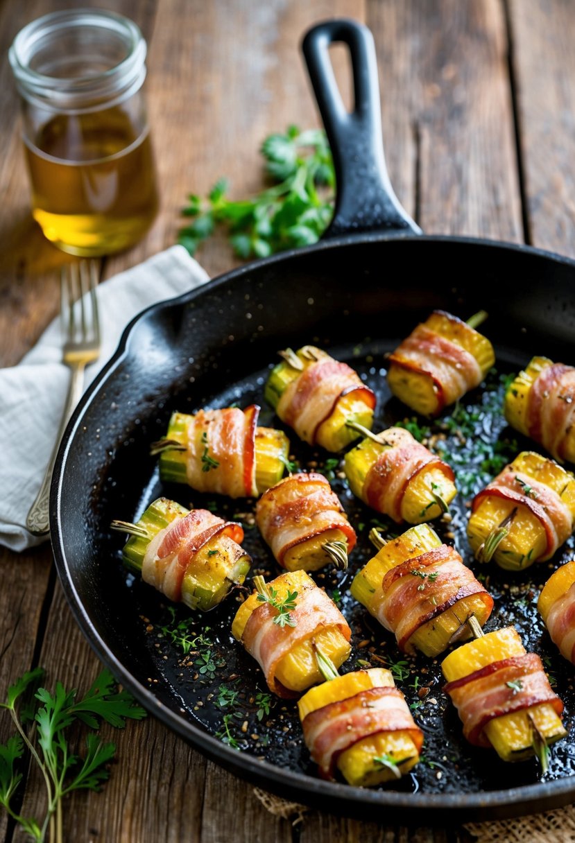 A sizzling skillet of bacon-wrapped mirlitons, sprinkled with herbs and spices, sitting on a rustic wooden table