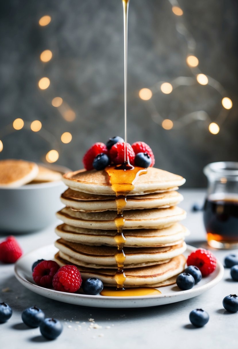 A stack of almond flour pancakes surrounded by fresh berries and a drizzle of maple syrup