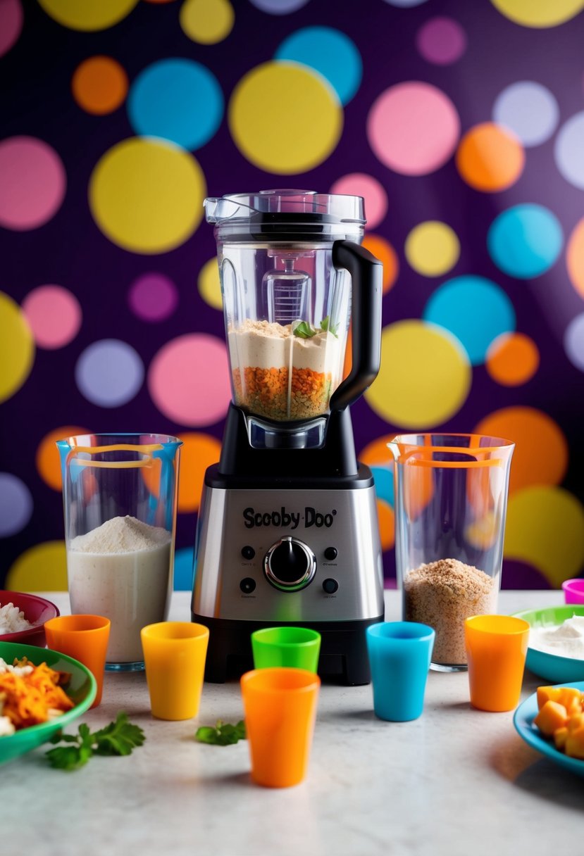 A table filled with various ingredients and a blender, surrounded by colorful shot glasses and a playful Scooby-Doo themed backdrop