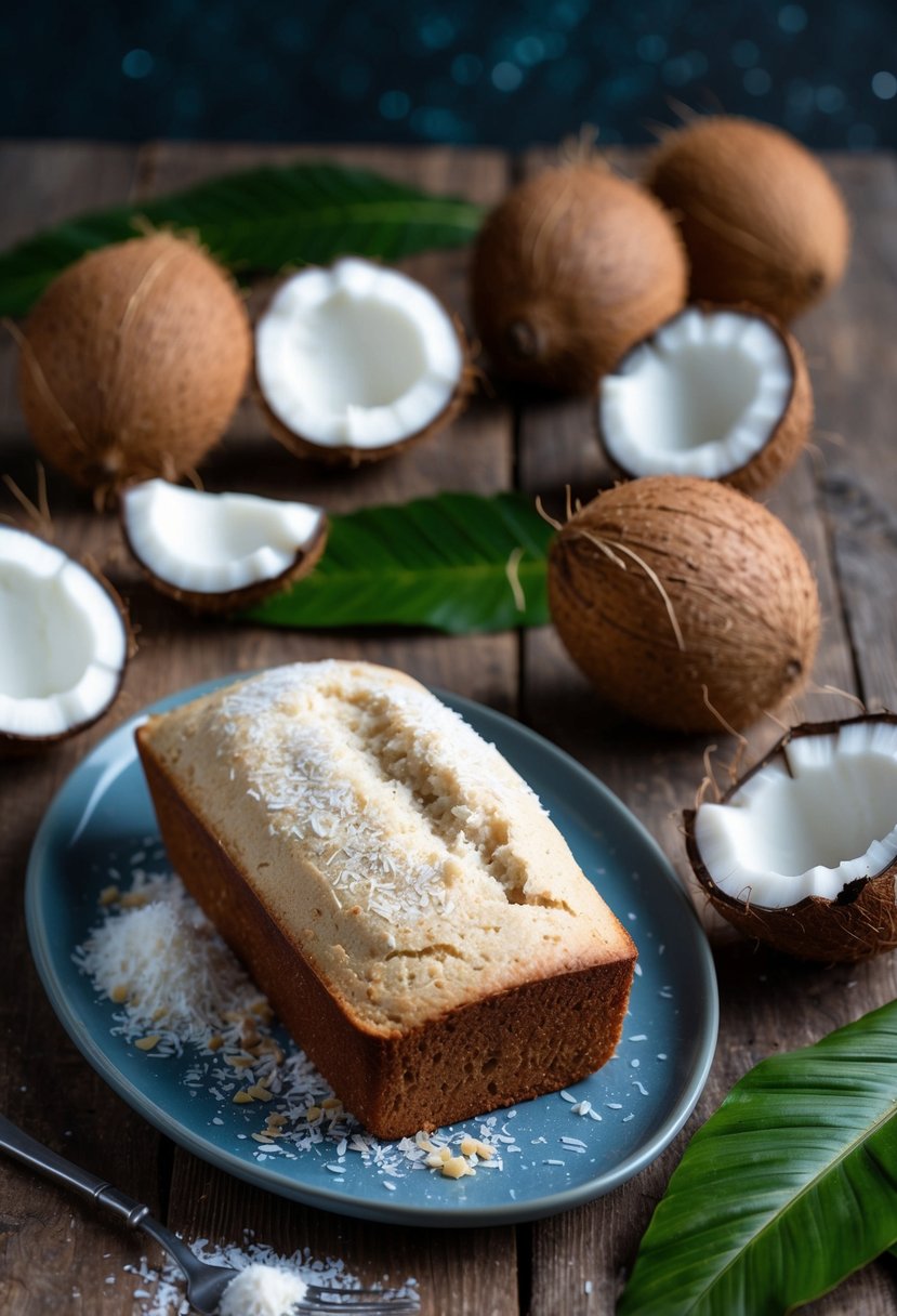 A loaf of coconut flour bread surrounded by coconut flakes and fresh coconuts on a rustic wooden table