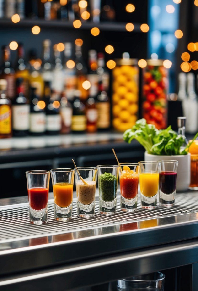 A colorful array of ingredients and a shot glass arranged on a bar counter