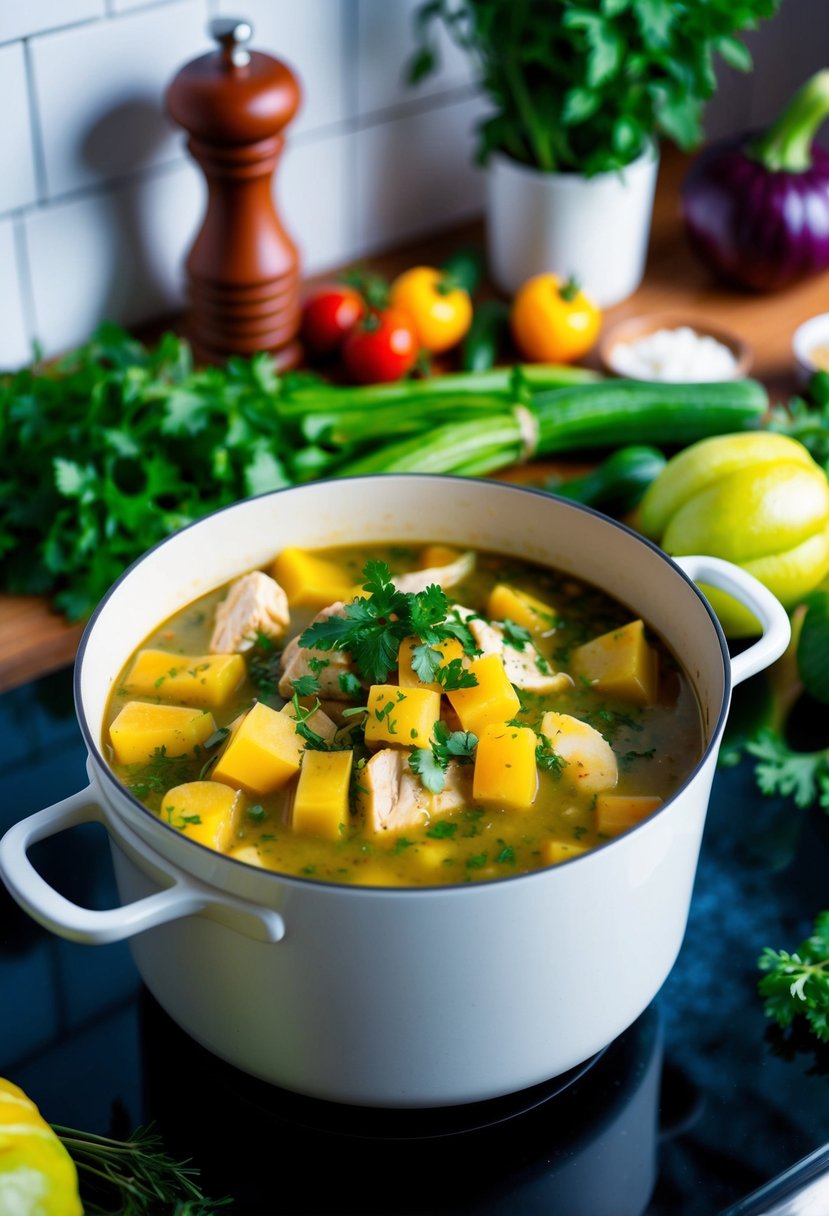 A pot of mirliton and chicken stew simmering on a stovetop, surrounded by fresh vegetables and herbs