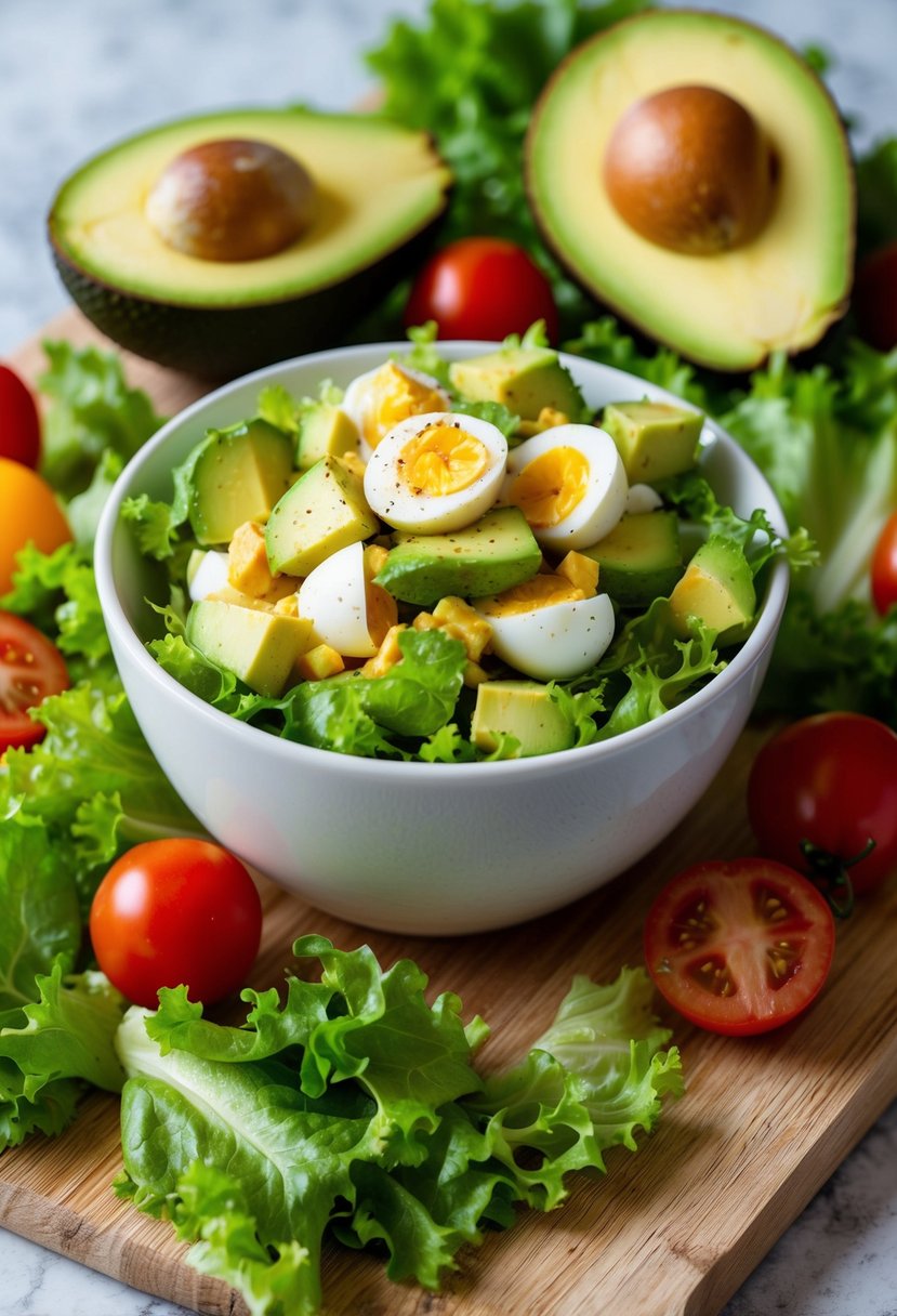 A bowl of avocado egg salad surrounded by lettuce, tomatoes, and other colorful vegetables on a wooden cutting board