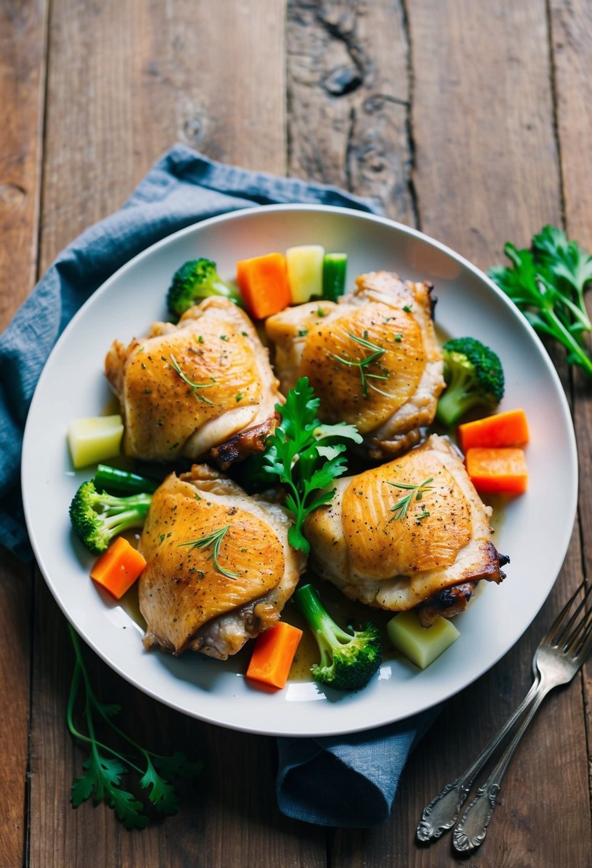 A plate of baked chicken thighs surrounded by colorful low-carb vegetables on a rustic wooden table