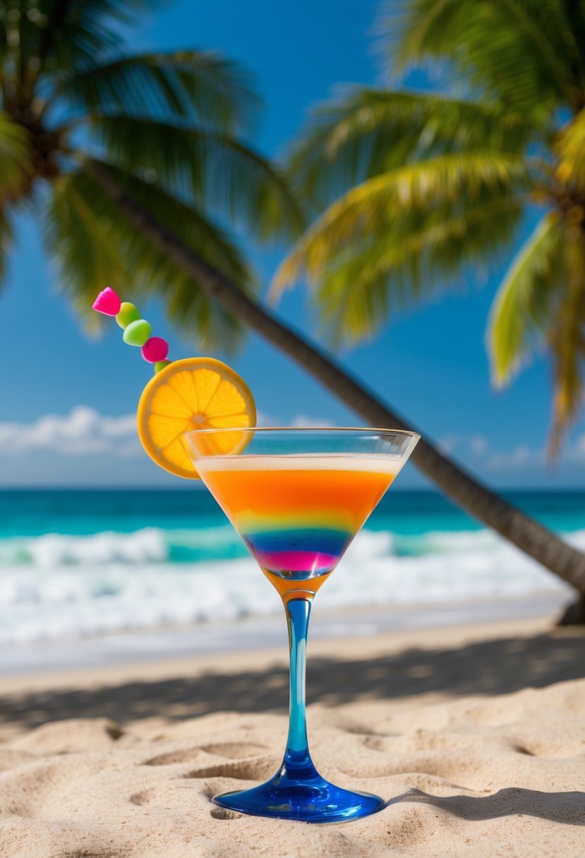 A tropical beach setting with a colorful cocktail glass filled with a Sex on the Beach shot, surrounded by palm trees and ocean waves