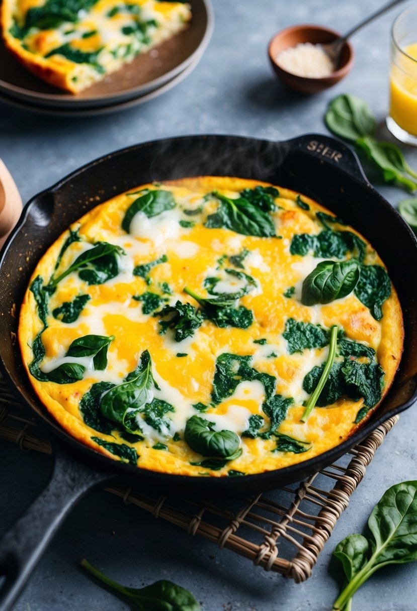 A sizzling frittata cooks in a skillet, filled with vibrant green spinach and gooey melted cheese