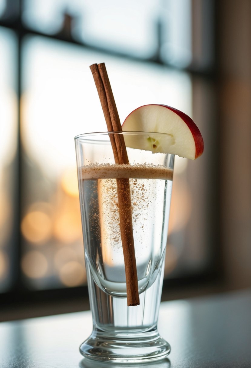 A glass filled with a clear liquid, topped with a slice of red apple and a sprinkle of cinnamon