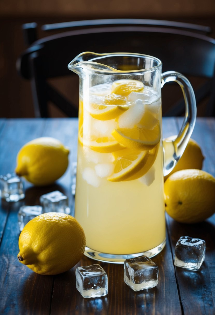 A pitcher of frozen lemonade concentrate surrounded by lemons and ice cubes on a wooden table